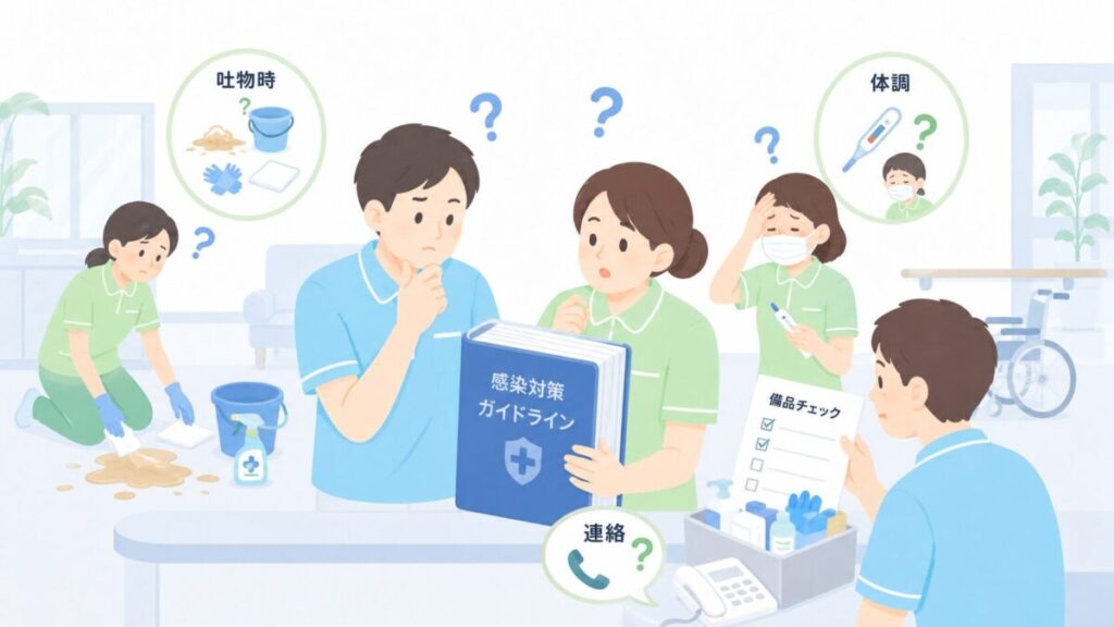 介護施設で、吐物対応・備品確認・体調不良時の連絡判断に迷う職員を描いた図解