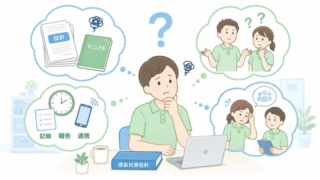 感染対策指針の見直しで、指針とマニュアルの混同や記録・報告・連携に迷う介護職員の図解