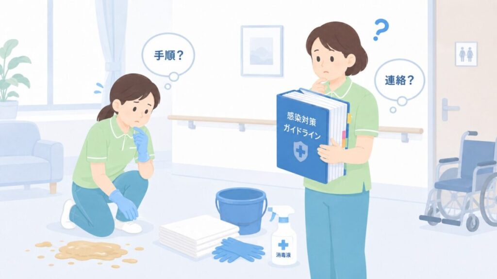 吐物発生時の手順や連絡先が決まっておらず、分厚い感染対策指針を前に迷う介護職員のイラスト