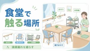 介護施設の食堂で手すりや椅子まわり、共有物など清掃が必要な接触場所を示した図解