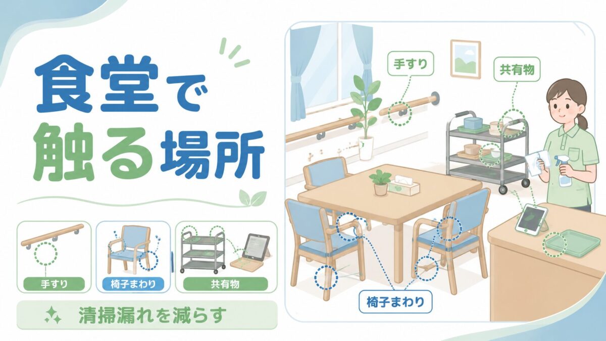 介護施設の食堂で手すりや椅子まわり、共有物など清掃が必要な接触場所を示した図解