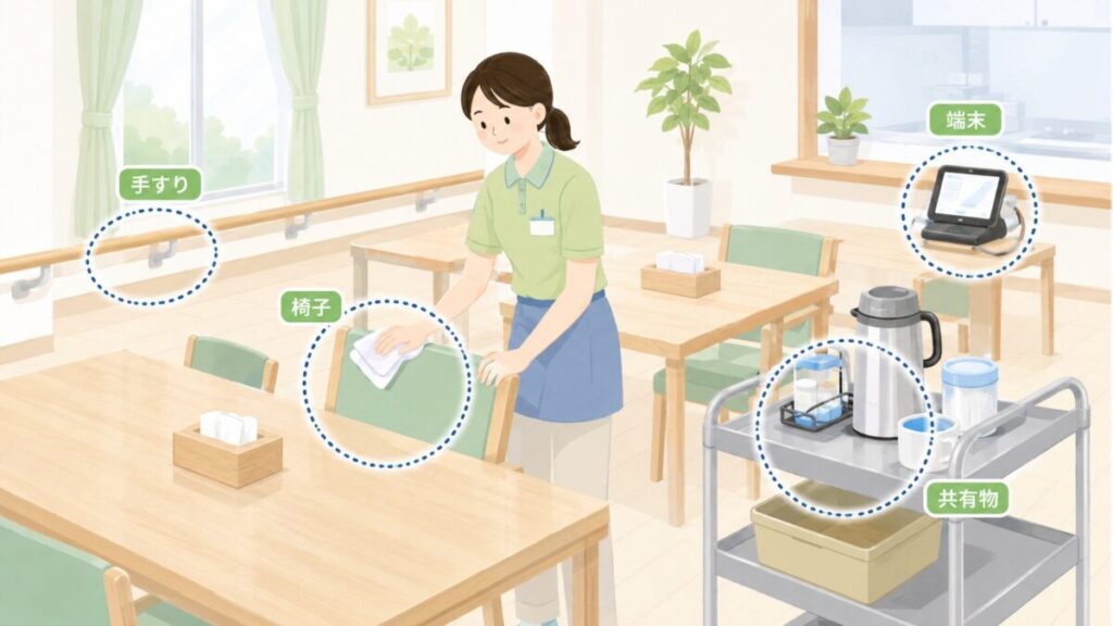 介護施設の食堂で、職員が椅子を拭きながら、手すり、端末、共有物などテーブル以外の高頻度接触面を確認しているイラスト。