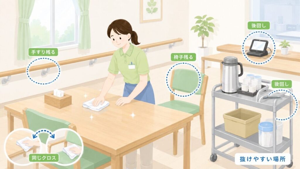 介護施設の食堂でテーブルだけを拭き、手すりや椅子、端末、配膳カートなどが清掃から抜けている例を示したイラスト。