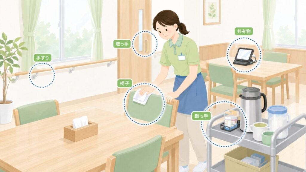 介護施設の食堂で、職員が椅子を拭きながら、手すり、ドアの取っ手、共有端末、カートの持ち手など多くの人が触れる場所を確認しているイラスト。