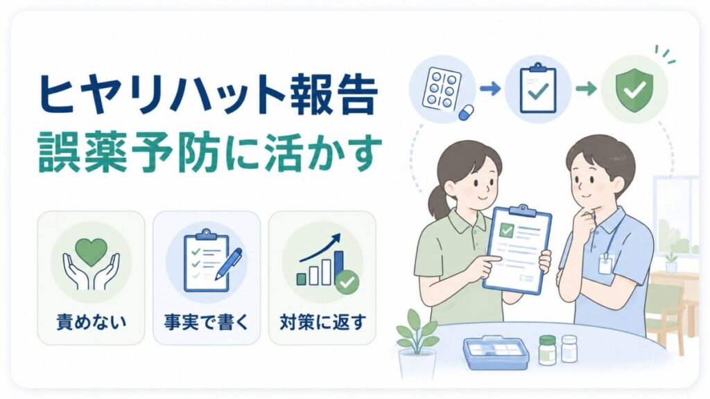 ヒヤリハット報告を責任追及ではなく、事実確認と誤薬予防の対策に活かす介護職員のイラスト。