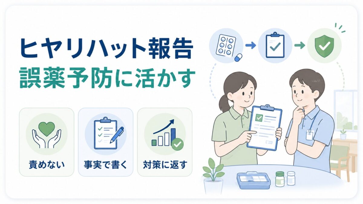 ヒヤリハット報告を責任追及ではなく、事実確認と誤薬予防の対策に活かす介護職員のイラスト。