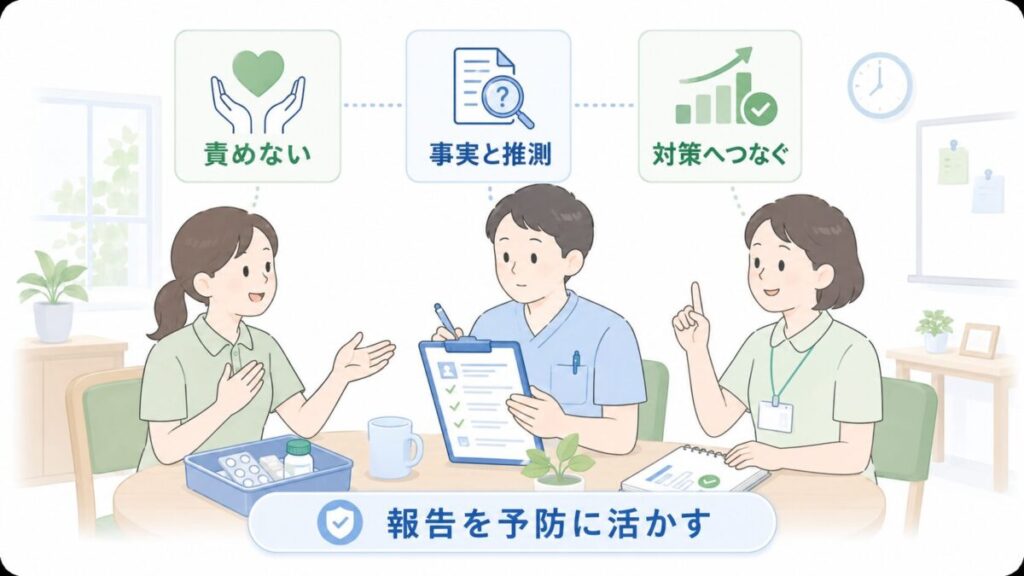 ヒヤリハット報告を責めずに共有し、事実を整理して誤薬予防の対策につなげる職員ミーティングのイラスト。