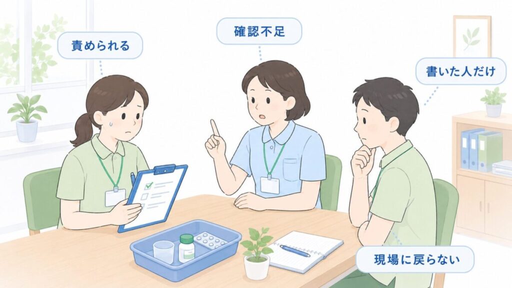 ヒヤリハット報告をした職員だけが責められ、確認不足で処理され、改善内容が現場へ戻らない会議のイラスト。