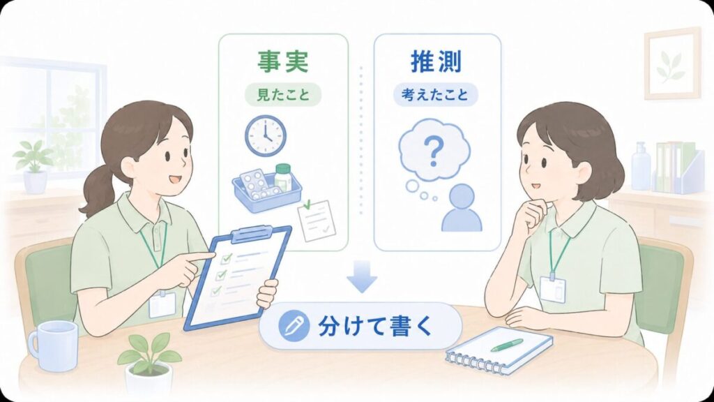 介護職員が報告内容を事実と推測に分け、確認不足だけで終わらせず記録を整理する様子のイラスト。