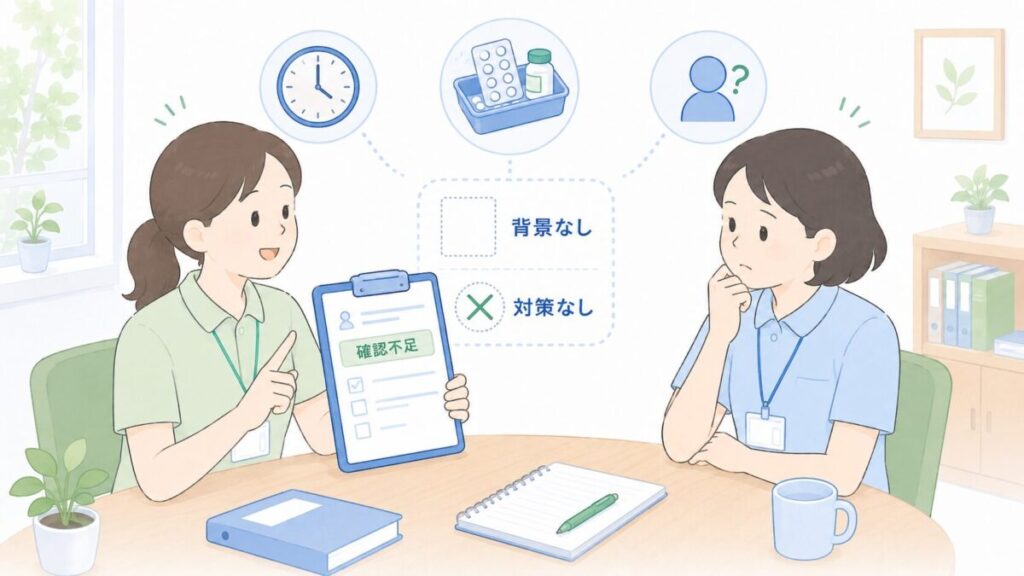 原因欄が確認不足だけで終わり、背景や具体的な対策が記録されていないヒヤリハット報告を見直す職員のイラスト。