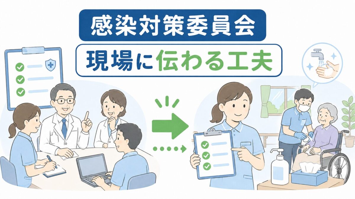 感染対策委員会の決定を介護現場で実行できる形に共有する流れを表したイラスト