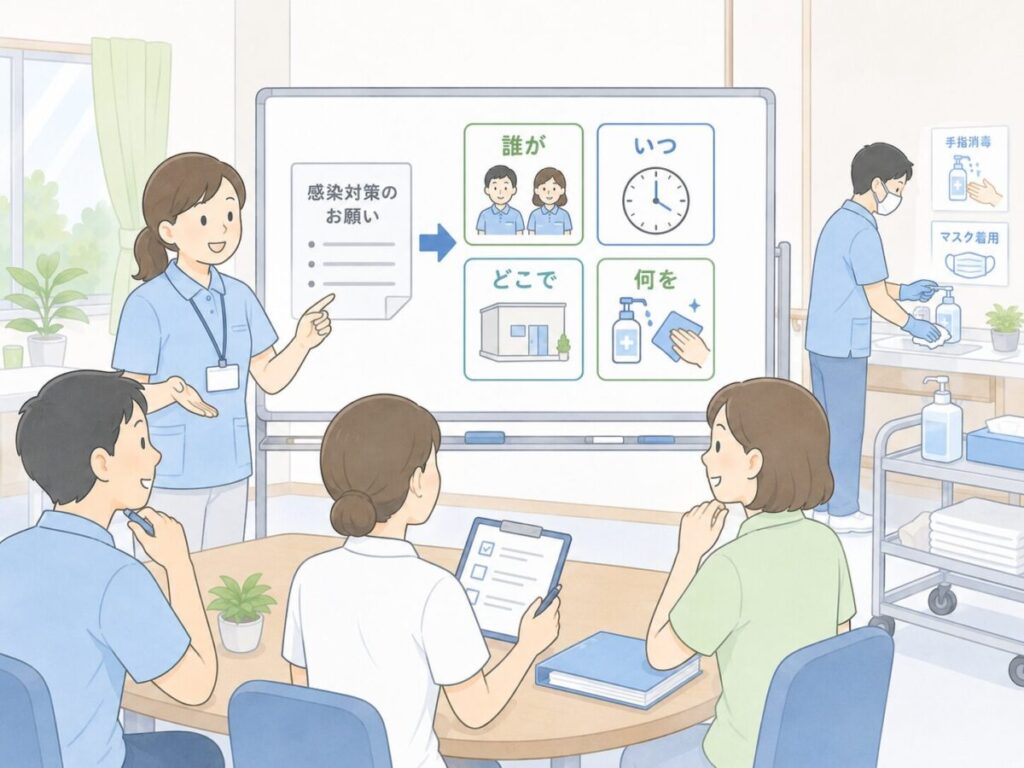 感染対策の依頼内容を、誰が・いつ・どこで・何をするかに整理して、現場で動ける形に落とし込んで共有している様子のイラスト