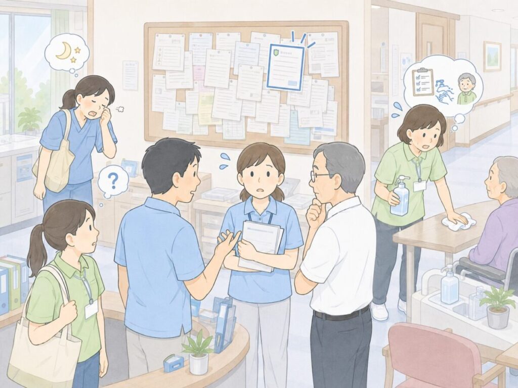 掲示物の多さや勤務のずれ、忙しい業務によって感染対策の情報共有が行き届かず、委員会担当者が現場と上司の間で困っている様子のイラスト