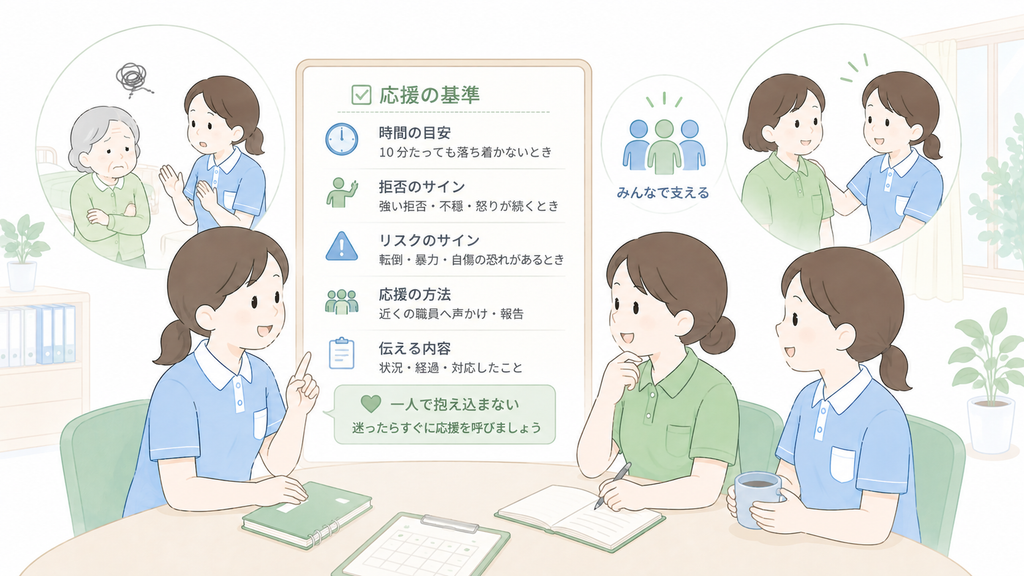 排泄拒否への対応で、新人が一人で抱え込まないための応援基準を職員同士で確認する様子