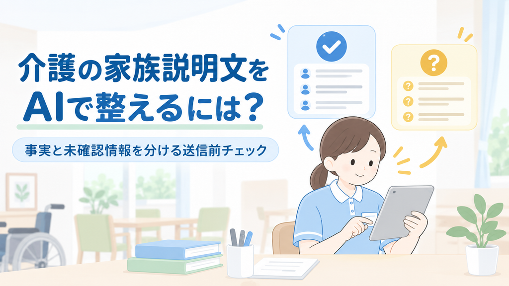 介護の家族説明文をAIで整えるには?事実と未確認情報を分ける送信前チェック","介護職員が家族説明文の事実と未確認情報をAIで整理する様子を描いた図です。