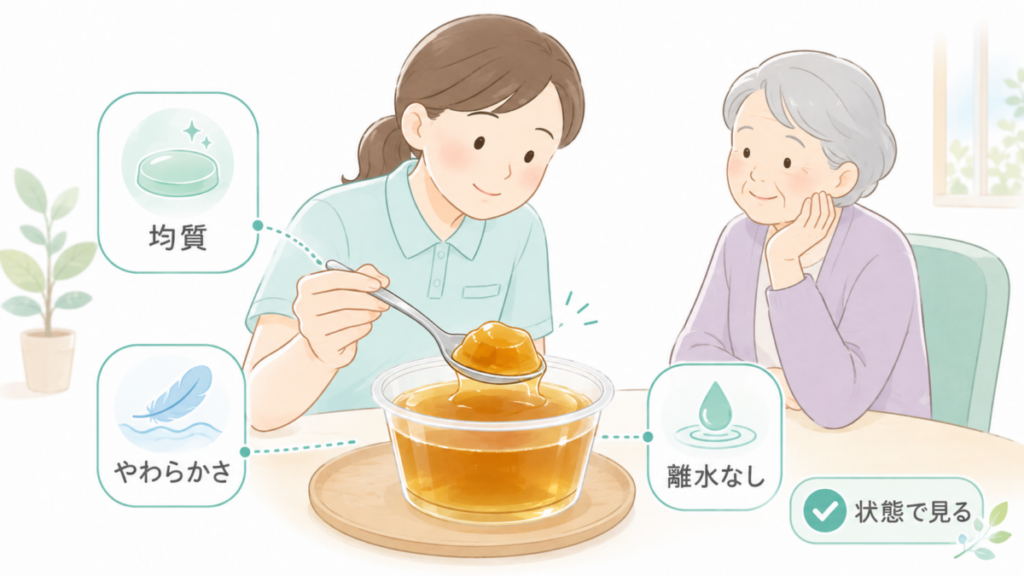 介護職員が高齢者の前でお茶ゼリーを確認し、均質さ、やわらかさ、離水の有無など状態で見るポイントを示したイラスト