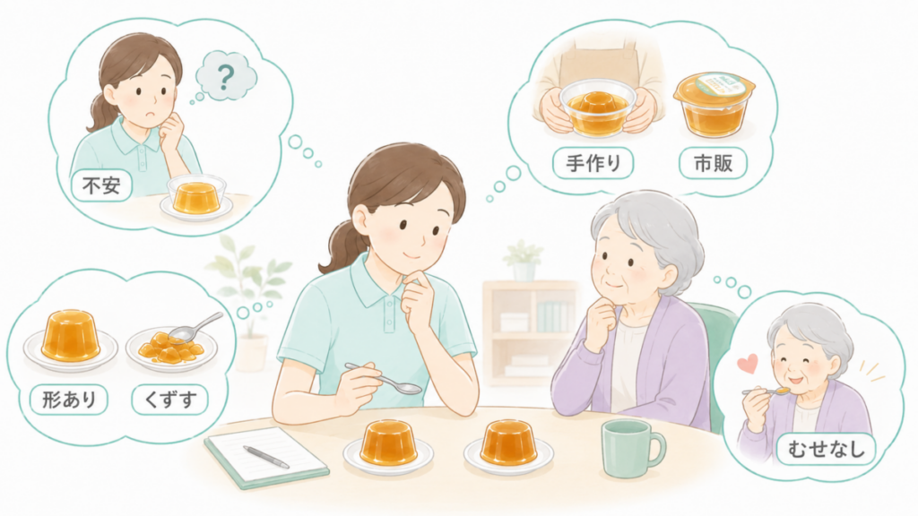 介護職員がお茶ゼリーを前に、手作りと市販、形を残すか崩すか、むせの有無など、よくある判断の迷いを整理しているイラスト