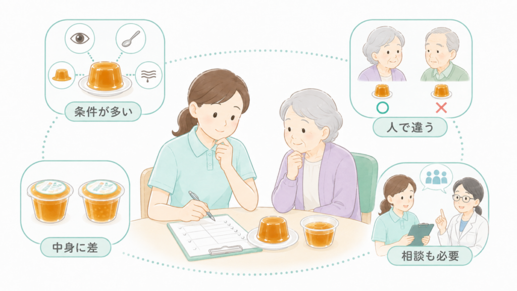 介護職員がお茶ゼリーを観察し、確認条件、利用者ごとの差、市販品の違い、専門職への相談を整理しているイラスト