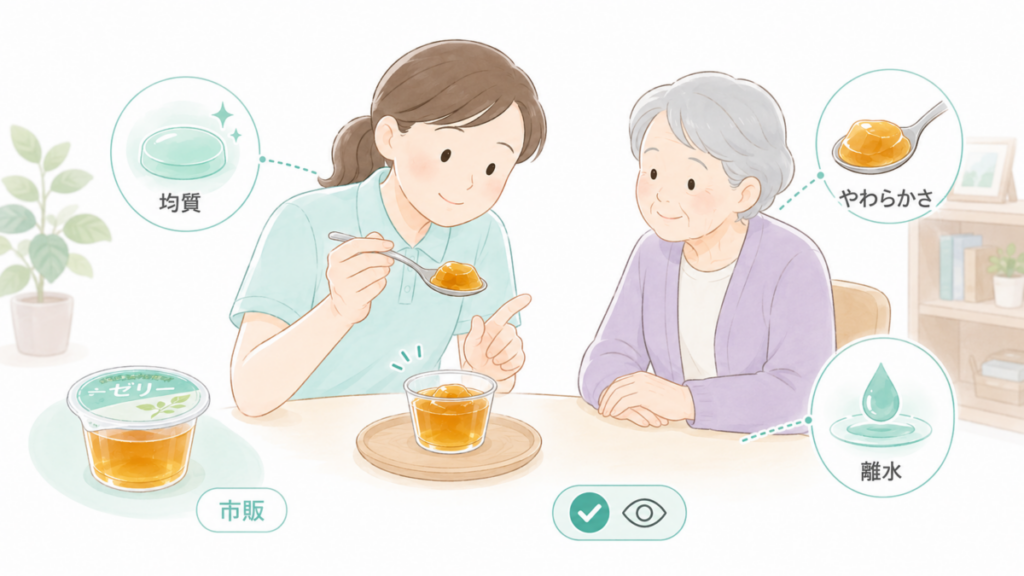 介護職員が市販のお茶ゼリーをスプーンですくい、均質さ、やわらかさ、離水の有無を確認しているイラスト