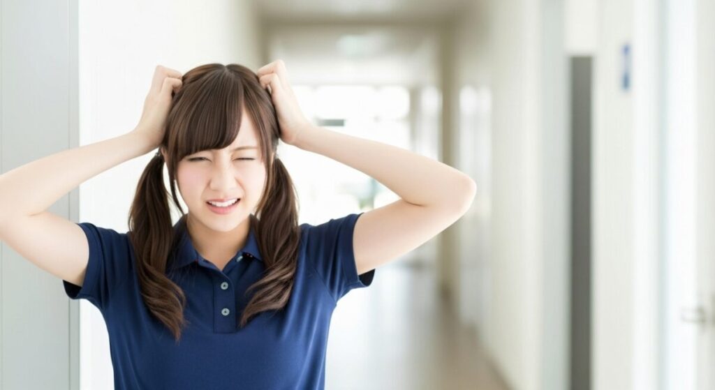 介護施設の廊下で、若い女性介護職員が頭を抱えて困った表情を見せている。業務の負担やストレスを感じているような場面。