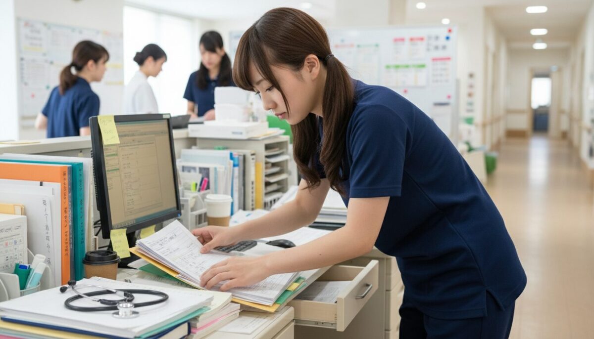 介護施設のナースステーションで、若い介護職員が書類や記録を確認している様子。周囲では他の職員も業務を行っている。