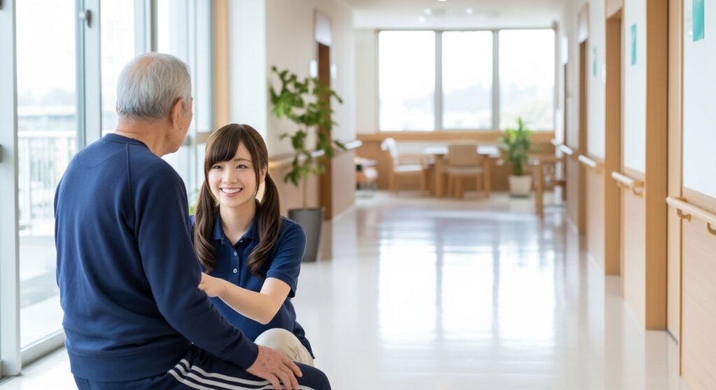 男性入居者と女性介護職員の画像