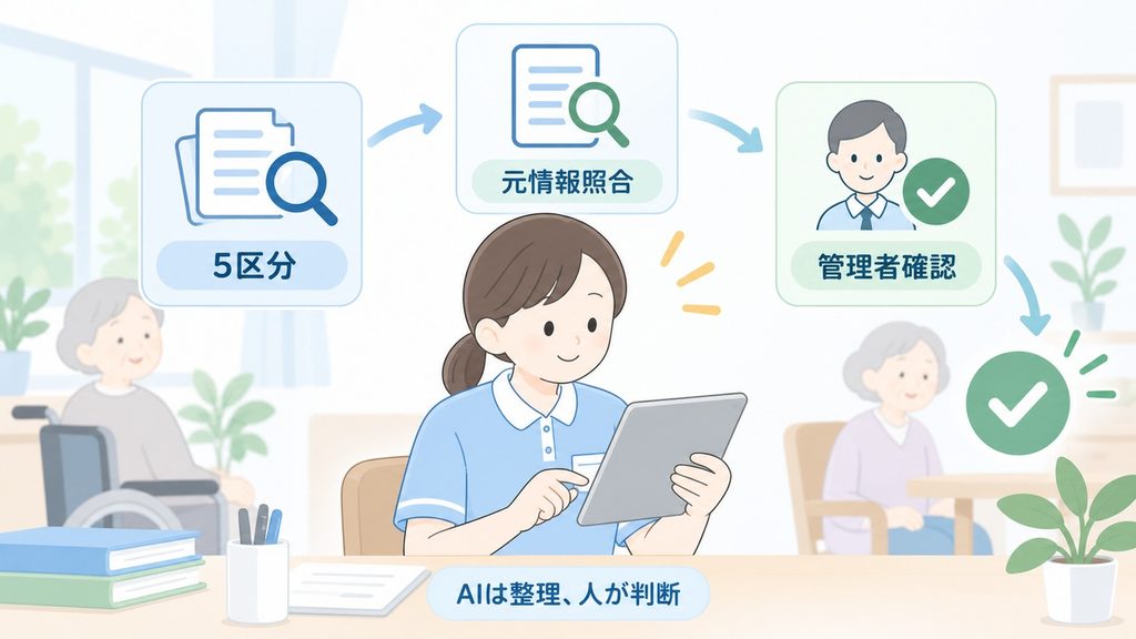 介護施設のリーダーが5区分、元情報照合、管理者確認を経て説明文を確かめる図です。