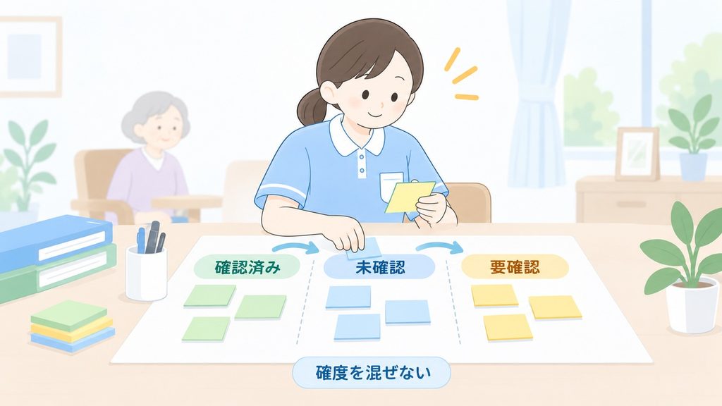 介護施設のリーダーが確認済み、未確認、要確認へ情報を分ける図です。