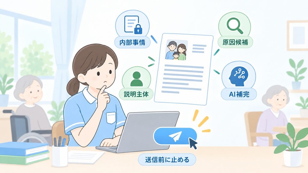 家族向け文書の内部事情、原因候補、説明主体、AI補完を送信前に確かめる図です。