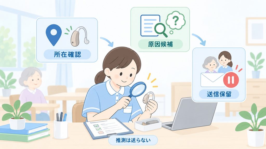 未確認の紛失原因を家族へ先に返す","介護職員が補聴器の所在と原因候補を確認し、家族への送信を保留する図です。