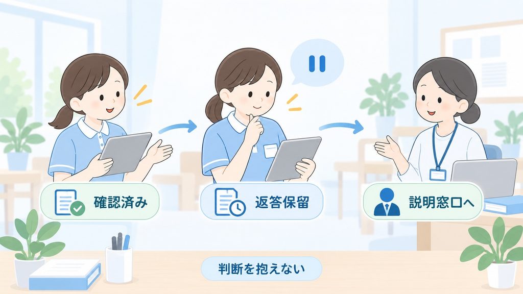 現場職員からリーダーを経て説明窓口へ、確認済み情報を引き継ぐ図です。