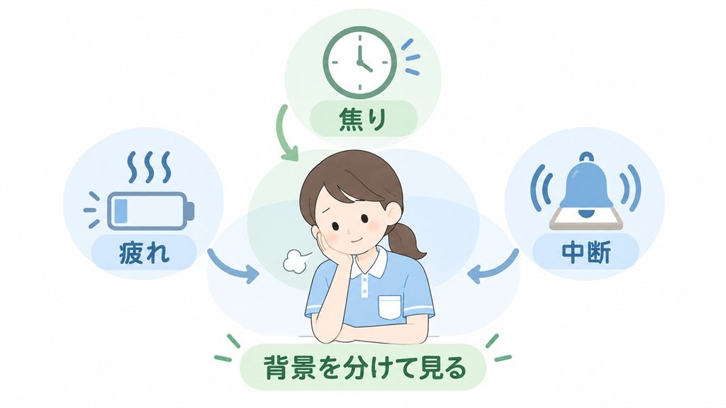 介護職員の苛立ちに、疲れ・焦り・業務中断が重なる様子を示した図です。