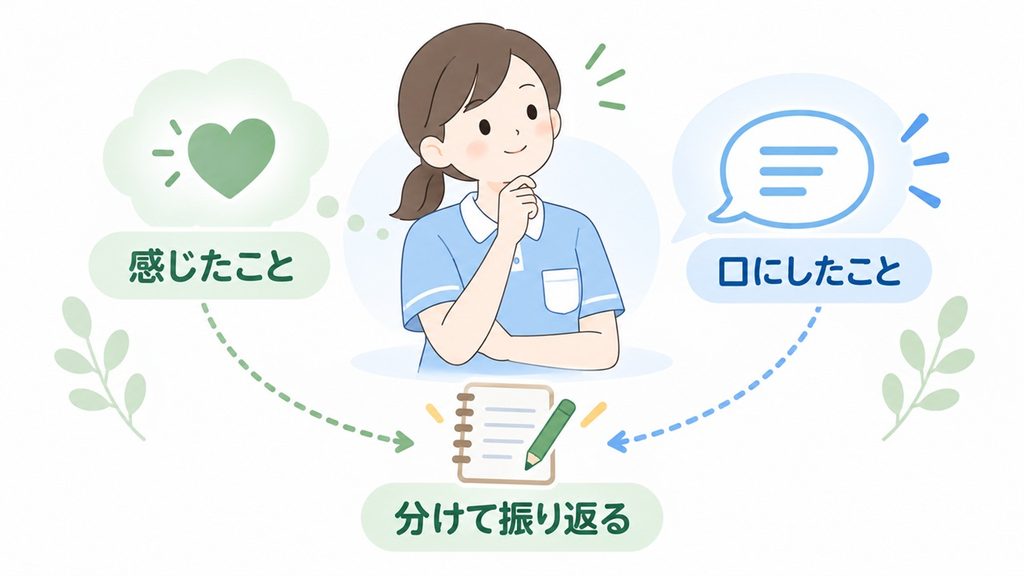 介護職員が感じた苛立ちと実際に口にした言葉を分けて振り返る図です。