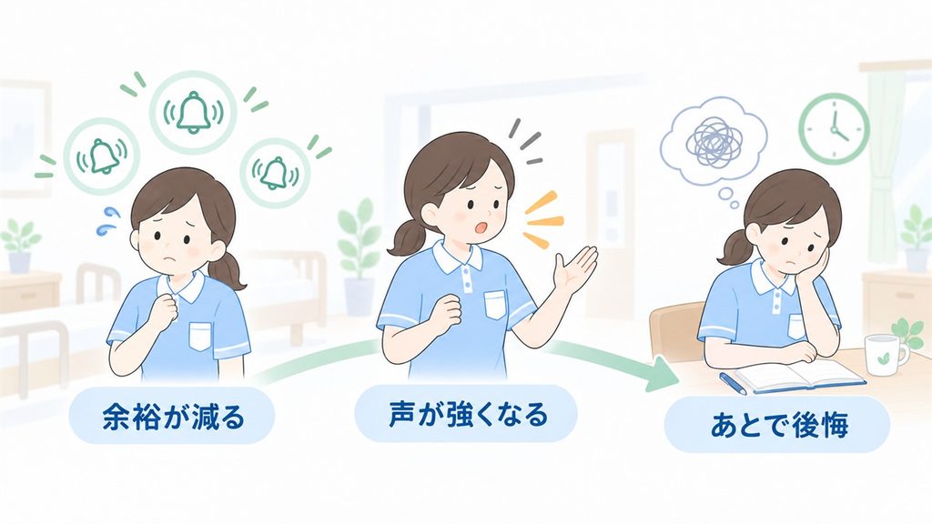 強い言葉が出る前の余裕低下から、勤務後の後悔までを一つの流れで示す図です。