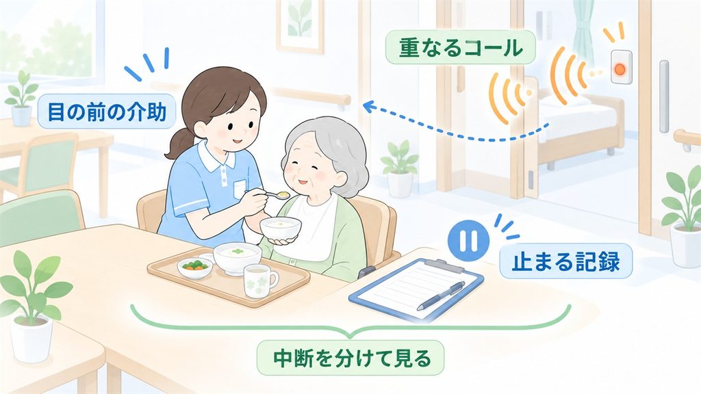 介助中の職員に別室のナースコールと記録が重なり、業務が中断する図です。