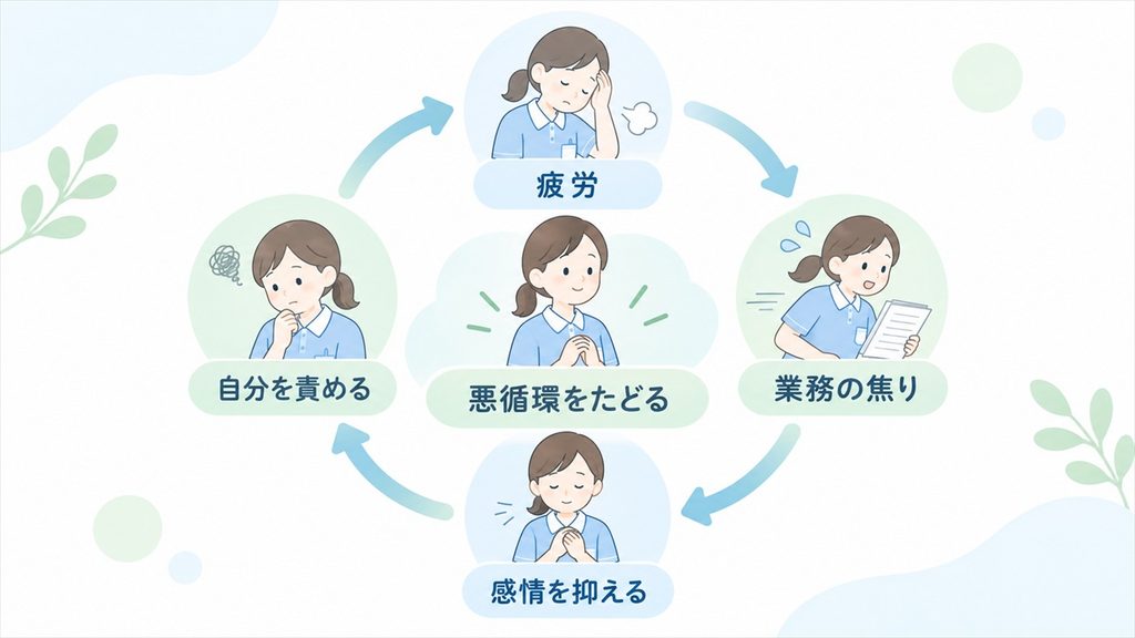 疲労・業務の焦り・感情抑制・自責が循環して重なる関係を示した図です。