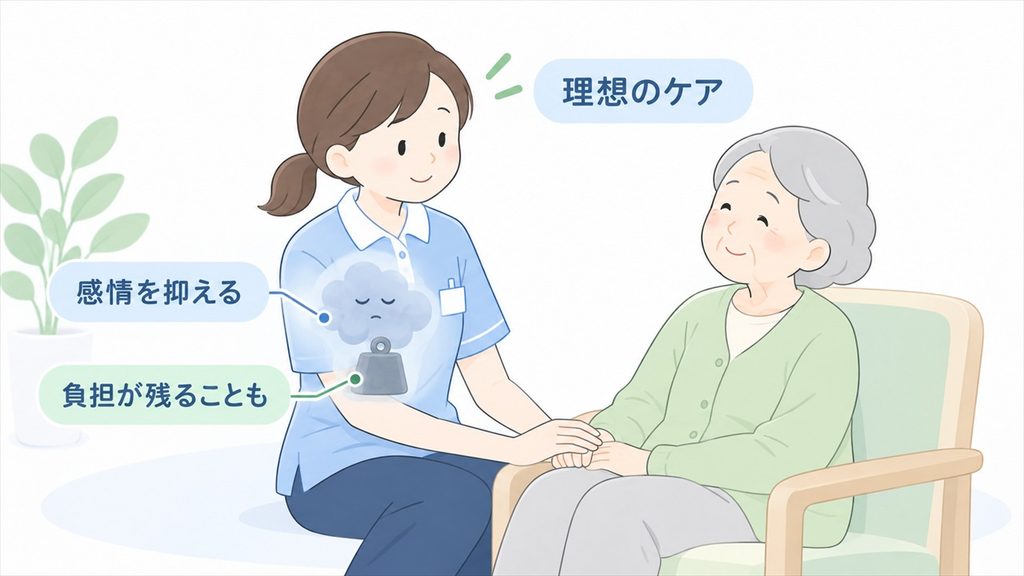 穏やかに対応する介護職員の内側に、抑えた感情と残る負担を重ねて示す図です。