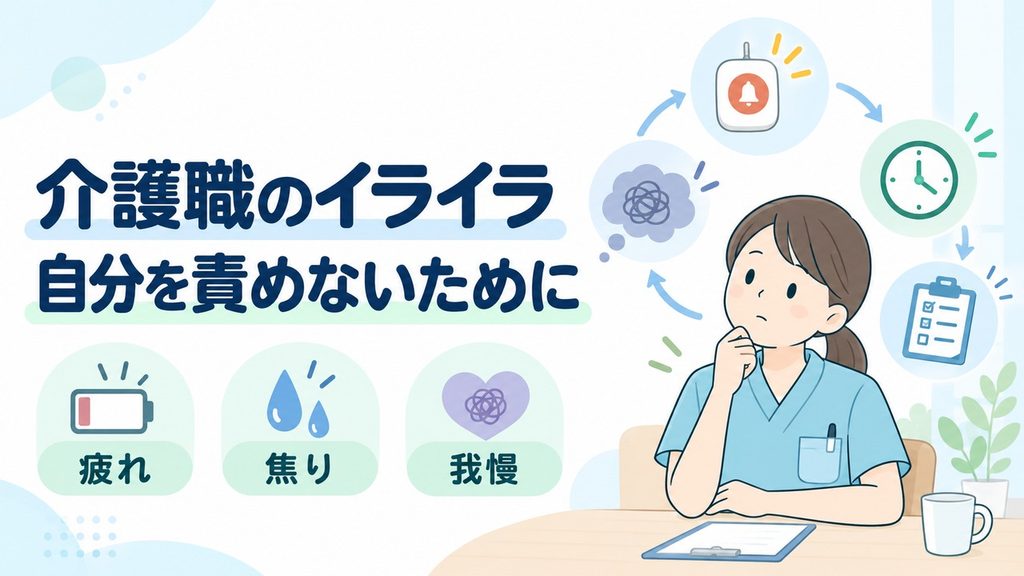 コールと時計に囲まれた介護職員が、イライラの背景と自責を見つめ直すイラストです。