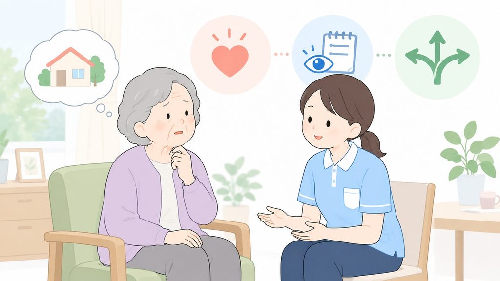 帰宅を望む高齢女性の不安を受け止め表情と背景を確かめる介護職
