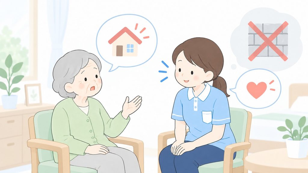 帰宅したい思いを話す高齢女性を否定せずうなずいて受け止める介護職
