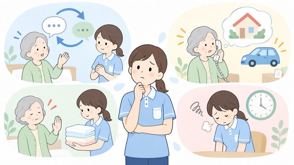 繰り返す説明や電話の依頼と役割拒否と疲労に悩む介護職の四つの場面

