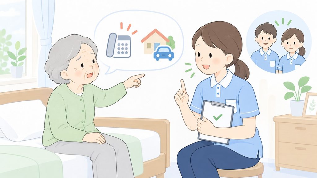 電話や迎えを求める高齢女性の希望を聞きチームで確認する女性介護職
