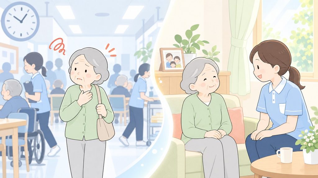 人の多い施設で不安な高齢女性と静かな場所で介護職と落ち着く様子の比較
