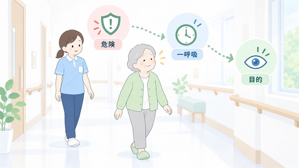 歩く高齢者を見守り、危険を分けて一呼吸待ち、目的を確かめる介護職員のイラストです。