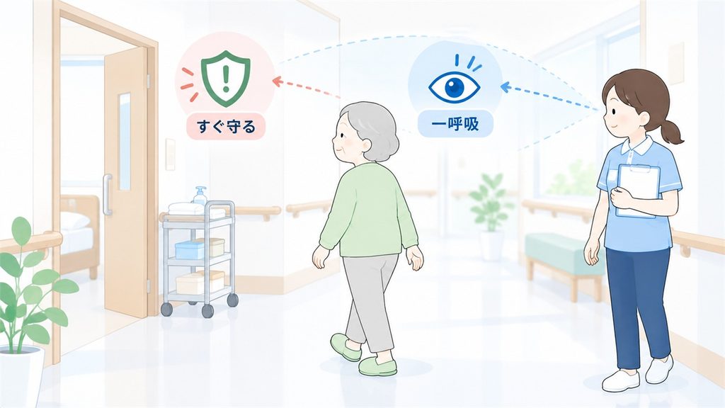廊下を歩く高齢者の進行先を見て、すぐ守る場面か一呼吸待てるか判断する介護職員の図です。