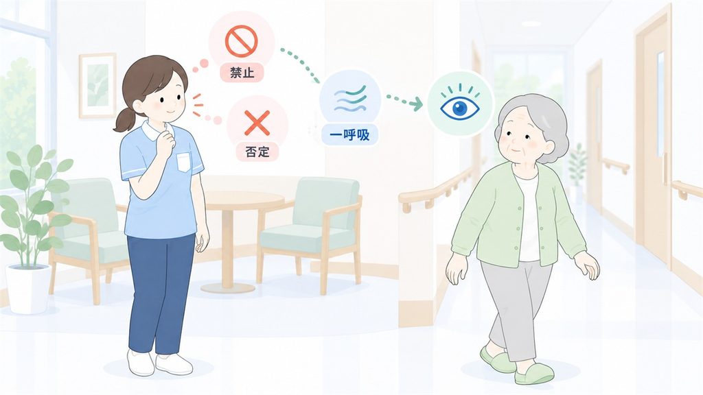 否定や禁止の言葉を重ねる前に一呼吸置き、高齢者の表情を見る介護職員の図です。