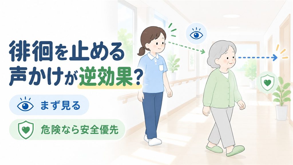 介護職員が歩く高齢者を遮らず、視線と行き先を観察しながら安全確認する様子を描いたイラストです。