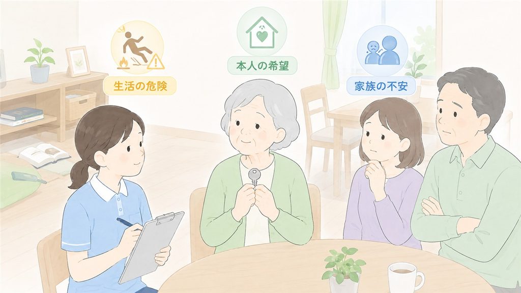 本人の希望、生活上の危険、家族の不安を囲んで支援者が調整する様子のイラストです。