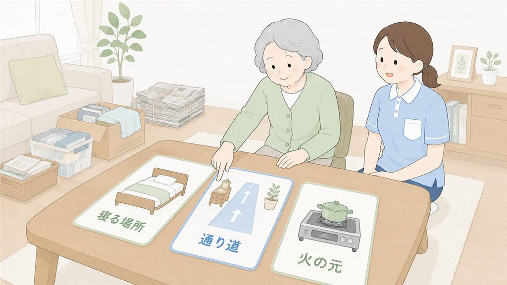 物がたまった自宅で、寝る場所や通り道など小さな安全策を本人が選ぶ様子です。