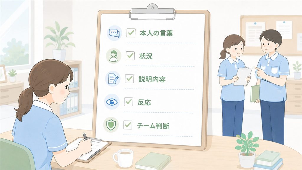 介護職員が本人の言葉や反応など5項目を記録し、チームで共有する様子です。